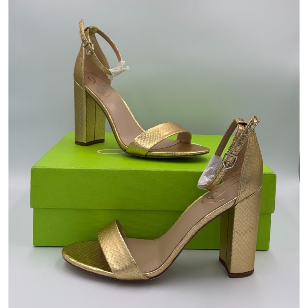 Sam Edelman Yaro Womens 9.5 Gold Boa Metallic Block Heel Sandals F8511SN724